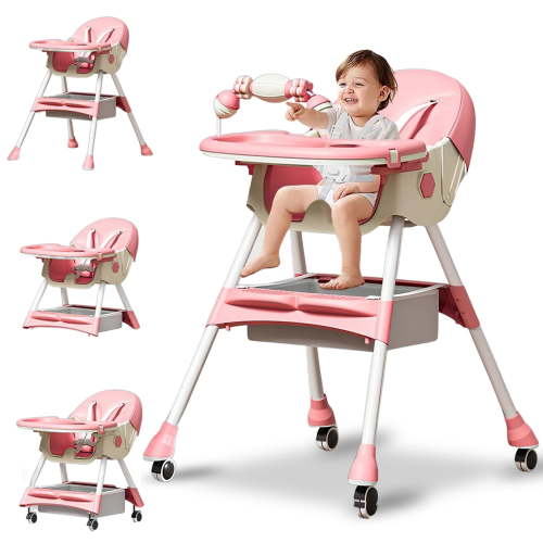 JieC 4-in-1 Baby High Chair, Foldable Portable Dining Feeding Chair with Double Dining Plate & Toy Rack, Infant to Toddler, Pink