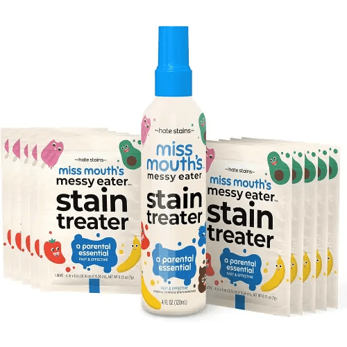 Miss Mouth's Messy Eater Stain Treater Spray - 4oz & 10 Wipes Stain Remover - Newborn & Baby Essentials - No Dry Cleaning Food, Grease, Coffee Off Laundry, Underwear, Fabric