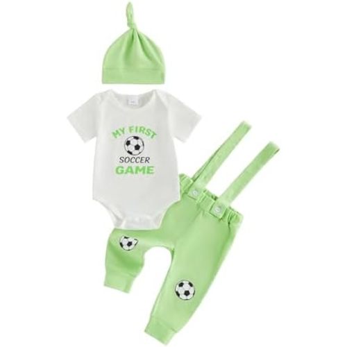My First Soccer Game Newborn Baby Boy Outfits Short Sleeve Bodysuit Romper Suspender Pants Overalls Summer Clothes