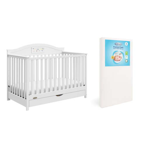 Graco Story Customizable 5-in-1 Convertible Crib with Drawer and Premium Crib & Toddler Mattress Bundle, White