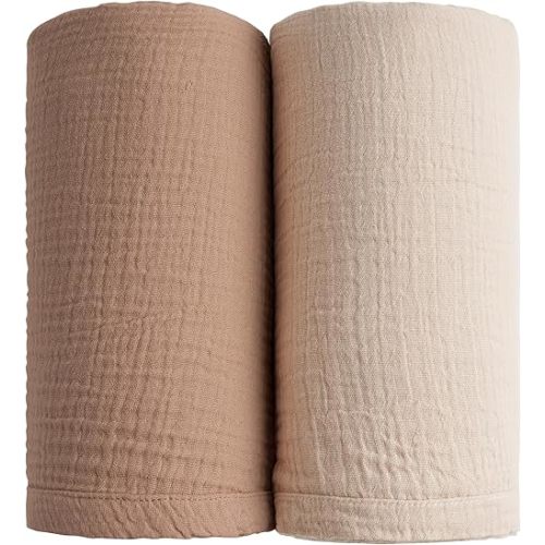 Konssy 2 Pack Muslin Swaddle Blankets for Baby Boys Girls, Receiving Blanket Large 47 x 47 inches, Soft Breathable Muslin Baby Blanket for Unisex Newborn(Brown, Cream)
