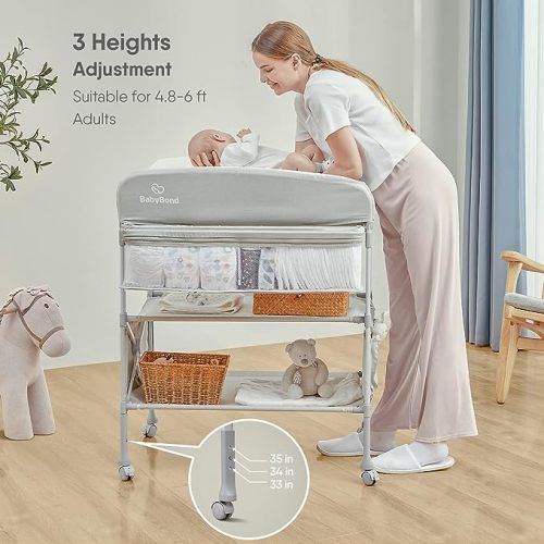 Portable Baby Changing Table, BabyBond Foldable Changing Table Dresser Waterproof Diaper Changing Table Height Adjustable Changing Station for Infant and Newborn(Beige)