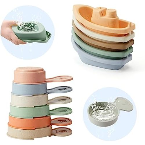 Bath Toys Floating Boats with Bathing Spoon, 11 PCS Bathtub Mold Free Bath Toy for Babies Water Table Toys Toddler Birthday Gift for Preschool Boys/Girls