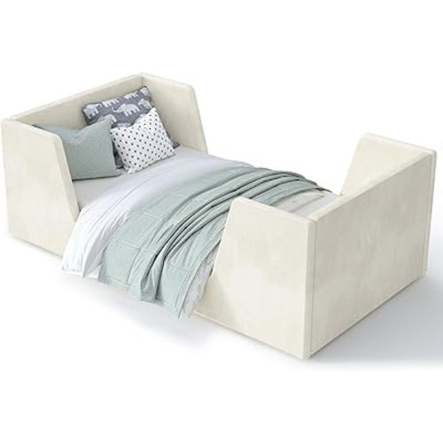 Toddler Bed, Toddler Floor Bed Frame with Guard Rails, Kids Bed for Ages 2-6 Years, Certified Fabric