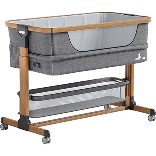 JOY & LOTUS Bedside Bassinet for Baby (Wood Oak), Mesh Fold Down Slide & Adjustable Heights- Portable Baby Bassinets Bedside Sleeper with Storage Basket & Travel Bag