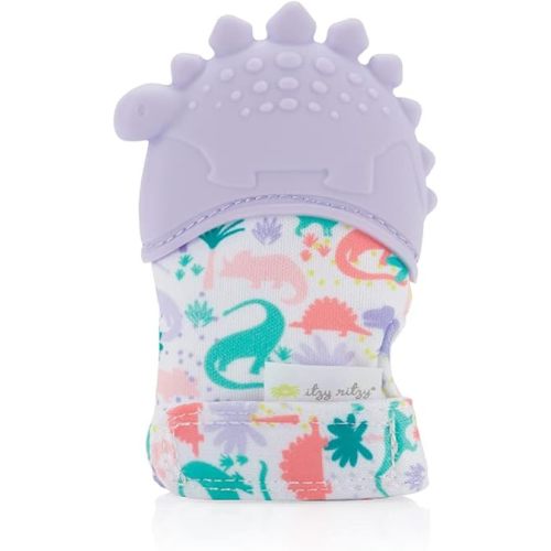 Itzy Ritzy Silicone Teething Mitt - Soothing Infant Teething Mitten w/Adjustable Strap, Crinkle Sound, Textured Silicone, Soothes Sore & Swollen Gums, Baby Teething Toy for 3 Mos +, Purple Dinosaur