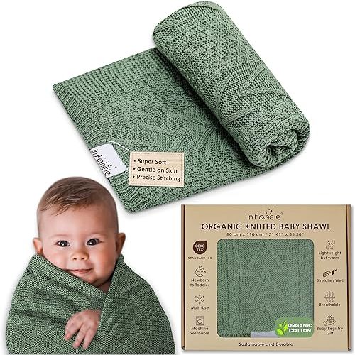 Organic Cotton Baby Blanket - 31.5 x 43.3 Inches, Soft Knitted Crib Blanket for Boys & Girls, Breathable Design (Green)