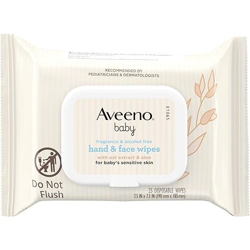 Aveeno Baby Fragrance-Free Hand & Face Wipes with Oat Extract & Aloe, Cleansing & Moisturizing Baby Wipes for Sensitive Skin, Sulfate-, Alcohol-, Paraben- & Dye-Free, Hypoallergenic, 25 ct (Pack of 4)