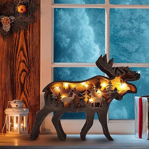 Drawelry 3D Wood Carving Animals Lamp Home Decorative, Cute Bear Family Elephant Presents Ideas Christmas Living Room Office Decor Warm LED Night Lights Gift for Friend Daughter Son Mom Dad (Moose)