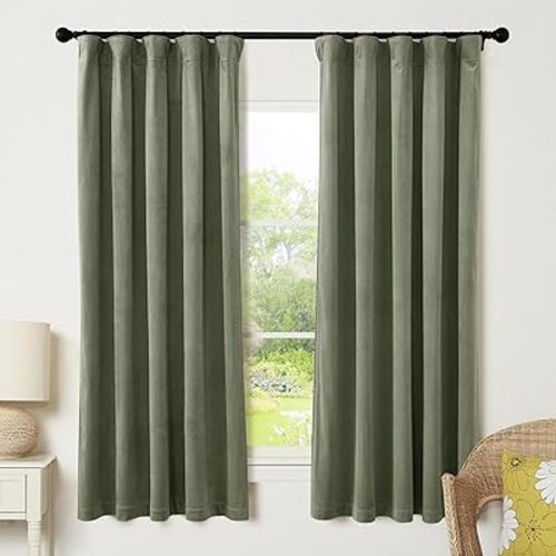 RYB HOME Sage Green Velvet Curtains 63 inches Length with Hook Tape, Thermal Insulated Privacy Protect Decorative Drapes for Bathroom Window, W 42 x L 63 inches, 2 Panels Set
