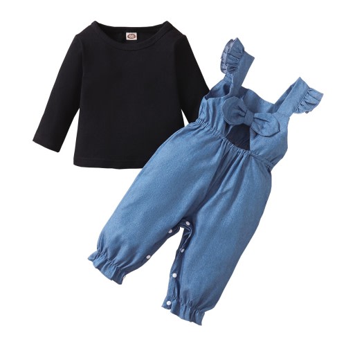 Infant Girls 2PCS Fall Winter Outfits, Long Sleeve Top and Overall Pants Set, Black, 3-24 Months