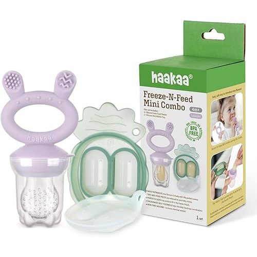 Haakaa Freeze-N-Feed Mini Combo with Silicone Food Feeder & Silicone Mini Nibble Tray|Baby Solid Food Self Feeder|Breastmilk Popsicle Mold Storage & Feeder for Soothing Baby Gums 1 PK