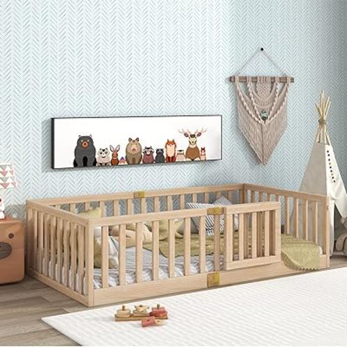 Tatub Twin Montessori Floor Bed with High Rails, Solid Wood Montessori Bed Frame for Kids, Door Can Install Left and Right, Twin-Nature