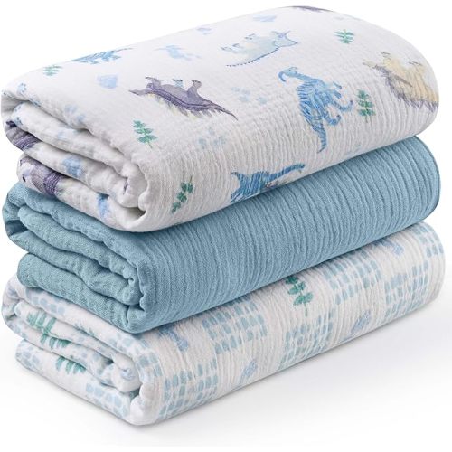 Muslin Swaddle Blankets for Newborn, 3 Pack Breathable Soft Receiving Blanket, Large 38 x 40 inches Swaddle Wrap Burping Clothes Diapers, Essentials Infant Shower Items, Toddler Gift (Blue Dinosaur)