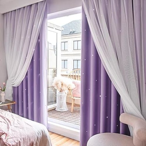 Star Double Layer Blackout Curtains for Bedroom, Kids - Cute, 63 Inch Long, 2 Panels Set, Purple, 42 x 63 Inches