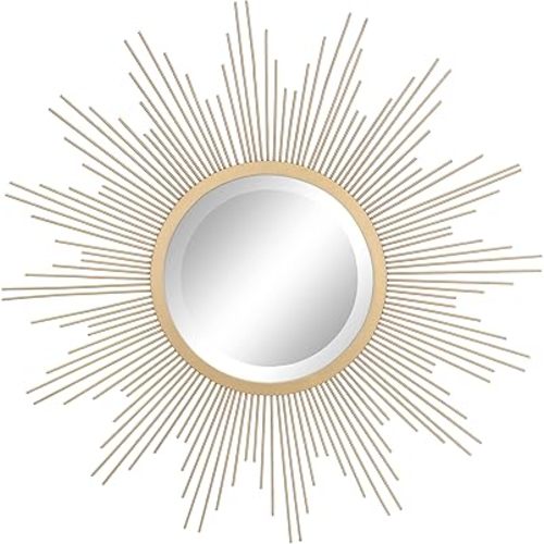 Stonebriar Round 23" Antique Gold Metal Starburst Hanging Wall Mirror with Attached Mounting Bracket, Decorative Decor for the Living Room, Bedroom, Bathroom, Hallway, and Entryway