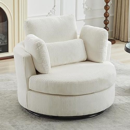 Aoiy & Wifon 42" W Oversized Swivel Accent Chair, Upholstered Round Barrel Chair, Corduroy, Ivory
