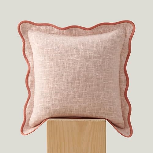 Double Stitch Scalloped Throw Pillow Covers - 100% Cotton Decorative Boho Pillow Covers 20 x 20, Made in India, Square Cushion Case, Modern Home Decor for Couch Sofa Living Room, Shell Pink