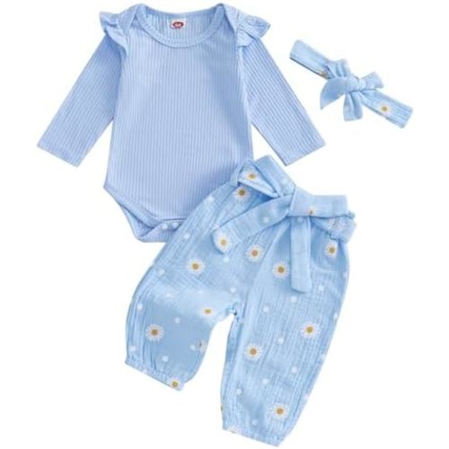 Kaipiclos Newborn Infant Girl Clothes 0 3 6 12 18 24 Months Rib Knit Romper Daisy Print Pants Headbands Baby Clothes Girls
