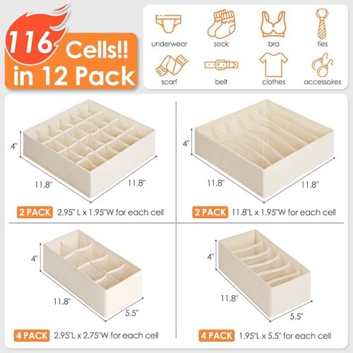 12 Pack Baby Clothes Organizer for Nursery, 116 Cells Fabric Foldable Dresser Closet Organizers and Storage Bins for Clothing, Women Men Underwear Socks, Bra, Ties, Scarf, Belt, Hair Accessories - Beige