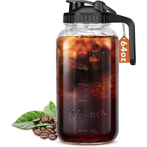 Mason Jar Pitcher With Lid and Spout, 64 OZ Glass Milk Pitcher for milk, Thick Glass Jug Sun Tea Pitcher,Drinks Container, Mason Jar Pour Spout Lid with Wide Mouth for Fridge(1Pack,Black)