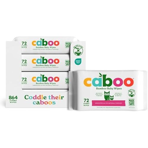 Caboo Baby Wipes, Made with Bamboo Viscose, Certified Made Safe Ingredients, Unscented Baby Wipes Good for Sensitive Skin, 72 Wipes Per Travel Pack, Bulk Total of 864 Wet Wipes