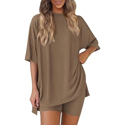 PRETTYGARDEN Women 2 Piece Lounge Set 2026 Summer Casual Oversized Shirts Biker Shorts Matching Airport Travel Outfit Clothes