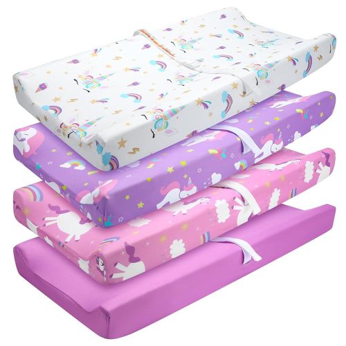 4 Pack 16 x 32 Inch Soft Baby Changing Pad Cover Cute Unicorns Rainbows Mat Covers Unisex Fitted Diaper Changing Pad Sheets for Baby Boys and Girls