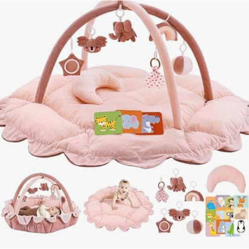 5-in-1 Plush Baby Play Gym, Baby Play Mats, Convertible Baby Gym with Pillow, Tummy time mat, 6 Sensory Toys, Baby Activity Center from Newborn to Toddler, Pet Bed, Cat & Dog Bed, Ball Pit, Pink