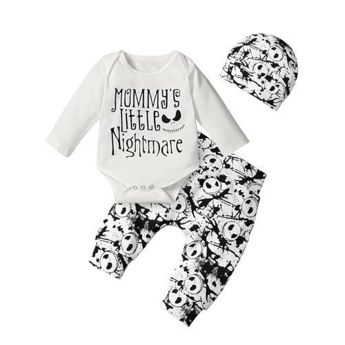 Night Christmas Baby Mommy's Little Nightmare Letter Print Bodysuit Pants and Hat Outfit Set Newborn to Infant