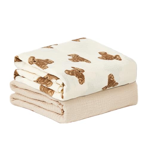 insular Muslin Swaddle Blankets for Boys Girls, 2 Pack Receiving Baby Blanket Large 47 x 47 inches, Soft Breathable Swaddling Wrap for Unisex Newborn (Teddy Bear&Khaki)