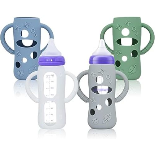 4 Pack Silicone Bottle Sleeves for Lansinoh Glass Baby Bottles (Old Style), 8 oz, Anti-Slip Protective Covers with Handles, Baby Essentials(Bottles Not Included)