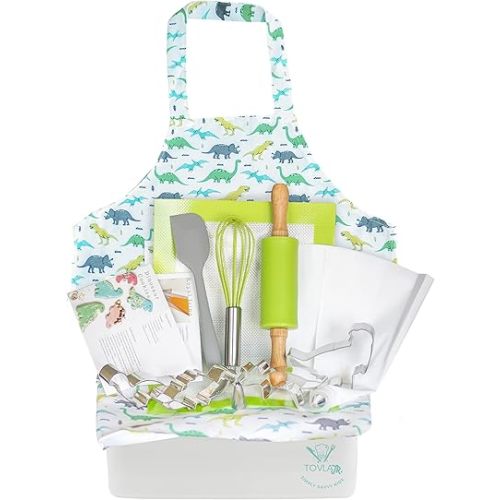 Tovla Jr. Kids Baking Gift Set with Storage Case - Cooking Kit for Children - Educational Baking Sets - Real Kid Baking Supplies with Decorating Tools Set with Apron… (Dinosaur)