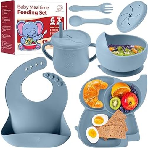 Silicone Baby Feeding Set, 8 Pcs Premium Toddler Utensils, Baby Feeding Supplies, Complete Baby Led Weaning Utensils -Plate, Bowl, Baby Bibs, Cups, Baby Spoon and Baby Forks for Self Feeding