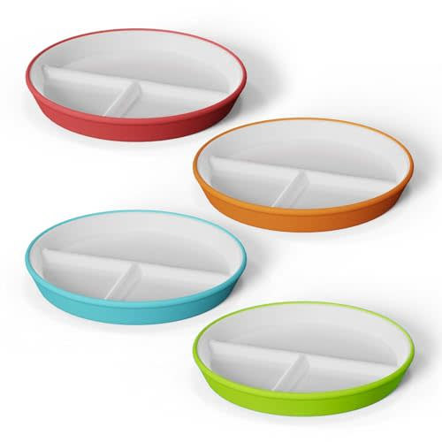 Kids Porcelain Plates with Anti-Slip Silicone Sleeves | Microwave & Dishwasher Safe | Premium Divided Toddler Plates for Hassle-Free Eating | Perfect for Toddlers & Kids of All Ages - Set of 4 Plates