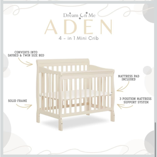 Dream On Me Aden 4-in-1 Convertible Mini Crib In French White, Greenguard Gold Certified, Non-Toxic Finish, New Zealand Pinewood, With 3 Mattress Height Settings