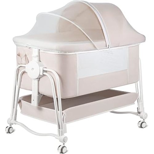 4 in 1 Bassinet Bedside Sleeper, Rocking Baby Crib with Lockable Wheels, Storage, Mosquito Net and Matress Included, 7 Level Adjustable Bedside Bassinet for Baby Newborn(Cream)