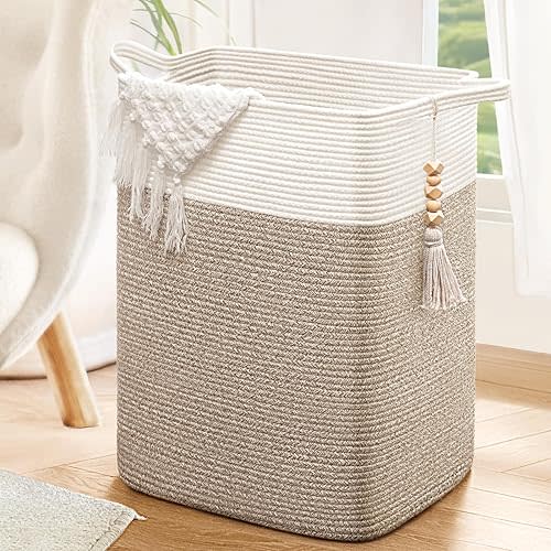 Goodpick Laundry Basket Laundry Hamper, Blanket Basket for Living Room Clothes Hamper for Laundry Room, Tall Basket, Woven Laundry Basket, Storage Basket for Toys, Towels, 16x13x22in, Jute