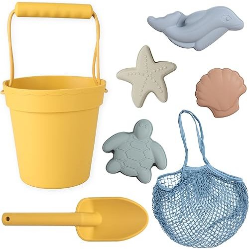 BLUE GINKGO Silicone Beach Toys - Modern Baby | Travel Friendly Beach Toys Set | Silicone Bucket, Shovel, 4 Sand Molds, Beach Bag | Sand Toys for Toddlers, Kids - Yellow