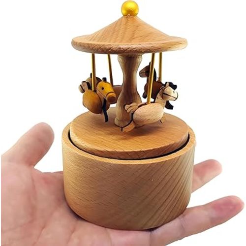 Mini Carousel Music Box, Palm Sized Carousel Music Box, Small Wooden Mechanical Music Box, for Friend Mother Grandmother