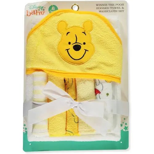 Disney Baby Winnie The Pooh Hooded Towel with 5 Piece Washcloth Set, Honey Collector Print, GS71798, Yellow