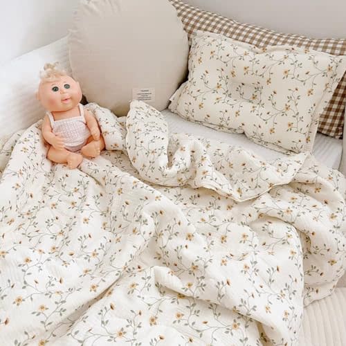 BuLuTu Cotton Muslin Toddler Comforter for Girls Boys Shabby Chic Floral Design Toddler Bed Blankets Soft Lightweight Toddler Quilted Blanket, Wildflower Pattern, 79"x59"