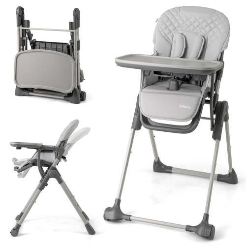OLAKIDS Baby High Chair, Convertible Quick Folding Portable Highchair for Babies and Toddlers with Adjustable Height Backrest Footrest 2 Wheels Removable Tray, Easy to Clean PU Seat