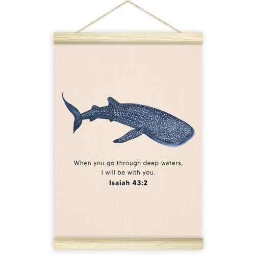 Utaqer Whale Shark Bible Verses Poster Hanger Frame, Isaiah 43:2 Wooden Canvas Art Print Hanging, Christian Wall Art Decor for for Bedroom Living Room Office Nursery Room, 12x16 Inches /011