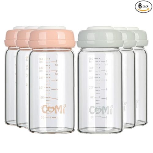 COMI Wide Neck Glass Breastmilk Collection n Storage Bottle, 6 Packs, 8oz with Screw Ring Sealing Disk; Re-markable Sealing Disc. BPA Free, Fits Breast Pumps & Nipples (3 Gray Lids + 3 Pink Lids)