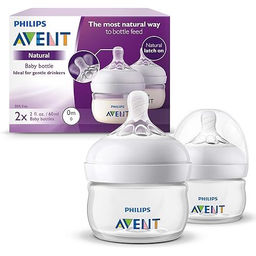 Philips Avent Natural Baby Bottles, with First Flow Nipple, 2OZ/60ML, 2 Pack, SCF019/25