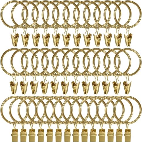 40 Pack Gold Curtain Rings with Clips, Curtain Hooks Hangers Clip Rings for Hanging Drapes Bows Hat, Drapery Rings 1.5 in I D, Fits up to 1.2 in Diameter Curtain Rod.