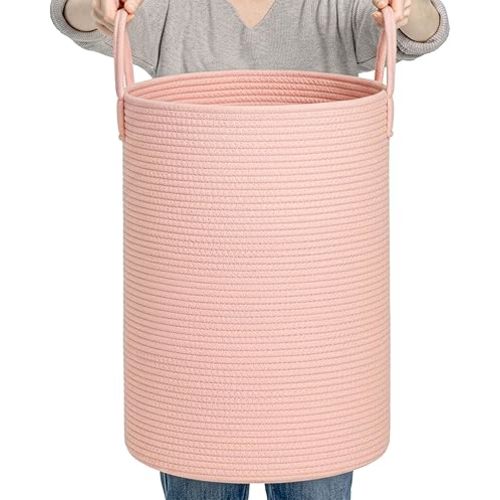 CLHMILY&Z Laundry Hamper Round Storage Rope Basket in Living Room, Bedroom, Laundry Room for Toy, Clothes, Blanket, Pillow (Pink, 60L)