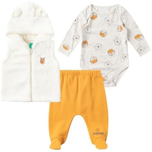 Disney Winnie the Pooh Baby Boys Sherpa Hooded Vest with Long Sleeve Bodysuit, and Pants Set for Infants