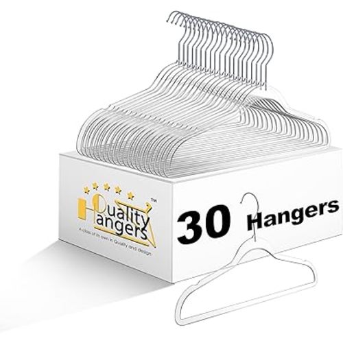 Quality Hangers 14” Clear Plastic Kids Hangers 30-Pack | Durable & Stylish Acrylic Hangers for Petite Adults with 360 Degree Swivel Hook and Notches | Cloths Children Hangers (30, Clear, Chrome)